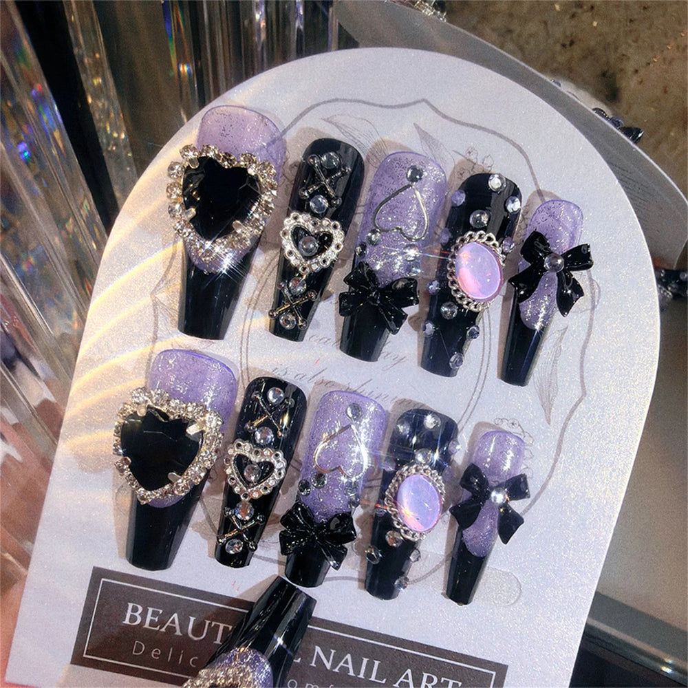 Black French Purple Gem Luxury Press-On Nails – Long Coffin, 24 Pcs