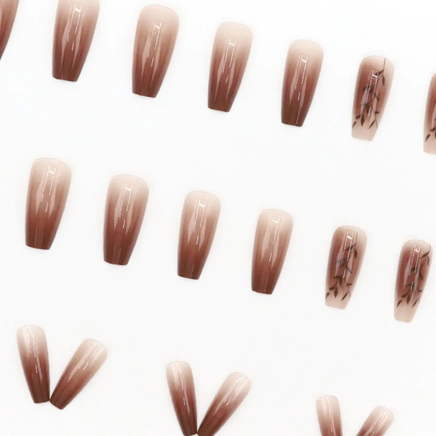 Short Medium fake nails for women girls gradient brown flowers leaf design full cover square ballet tips acrylic press on nails
