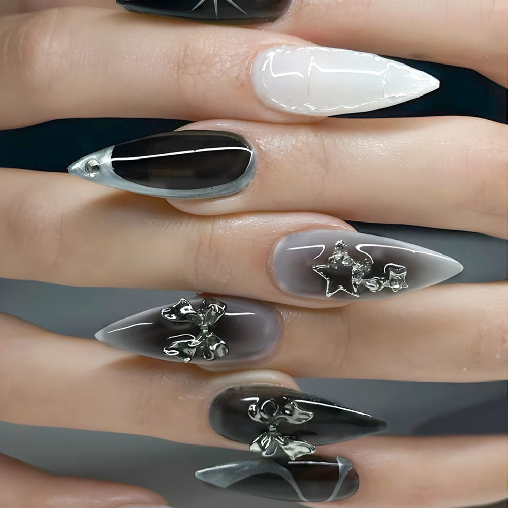 Y2K Black Ombre Star & Moon Press-On Nails – Medium Square, 24 Pcs