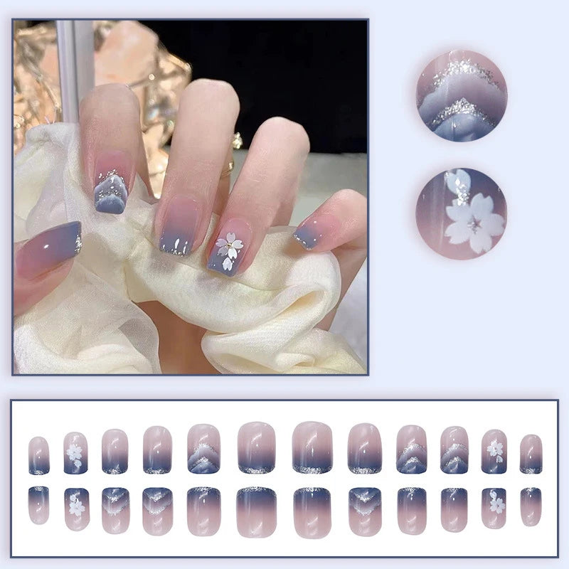 Short Medium fake nails for women Gradient pink red blue flowers sparkling Square nail tips full cover acrylic press on nails