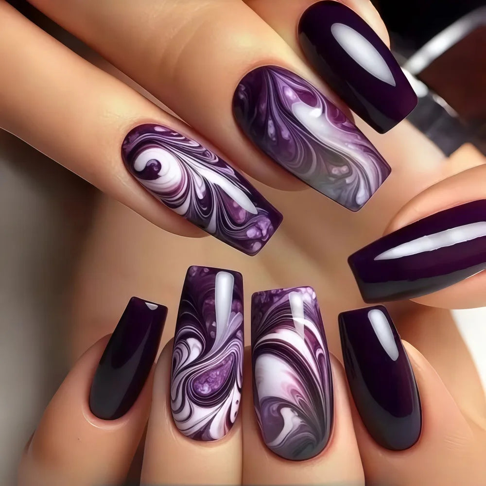 Medium Fake Nails for Women Girls Gradient Purple Colors Flowers Wave Strips Design French Ballet Nail Tips Press On False Nail