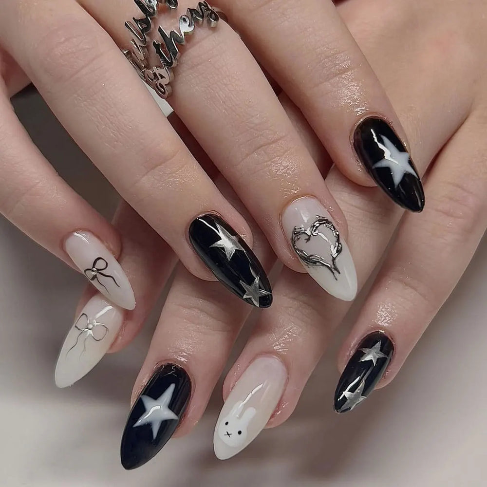 Vintage Painting Star, Moon & Swan Press-On Nails – Almond, 24 Pcs