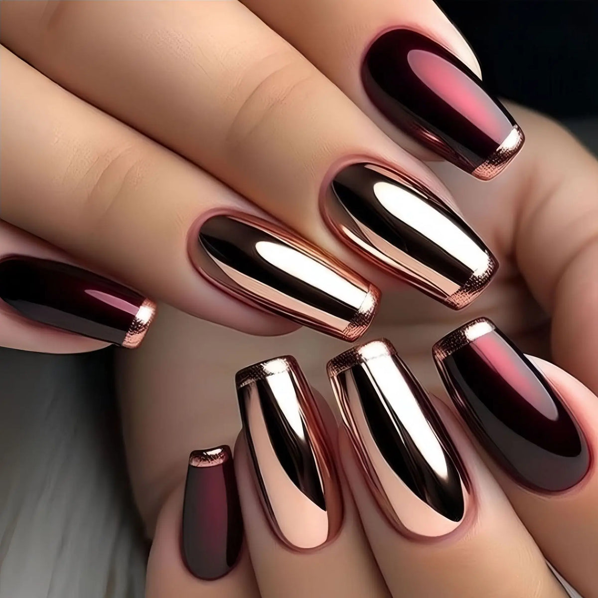 24pcs/set Medium long fake nails gradient red black golden glossy ballet almond french tips for New Year press on false nail art