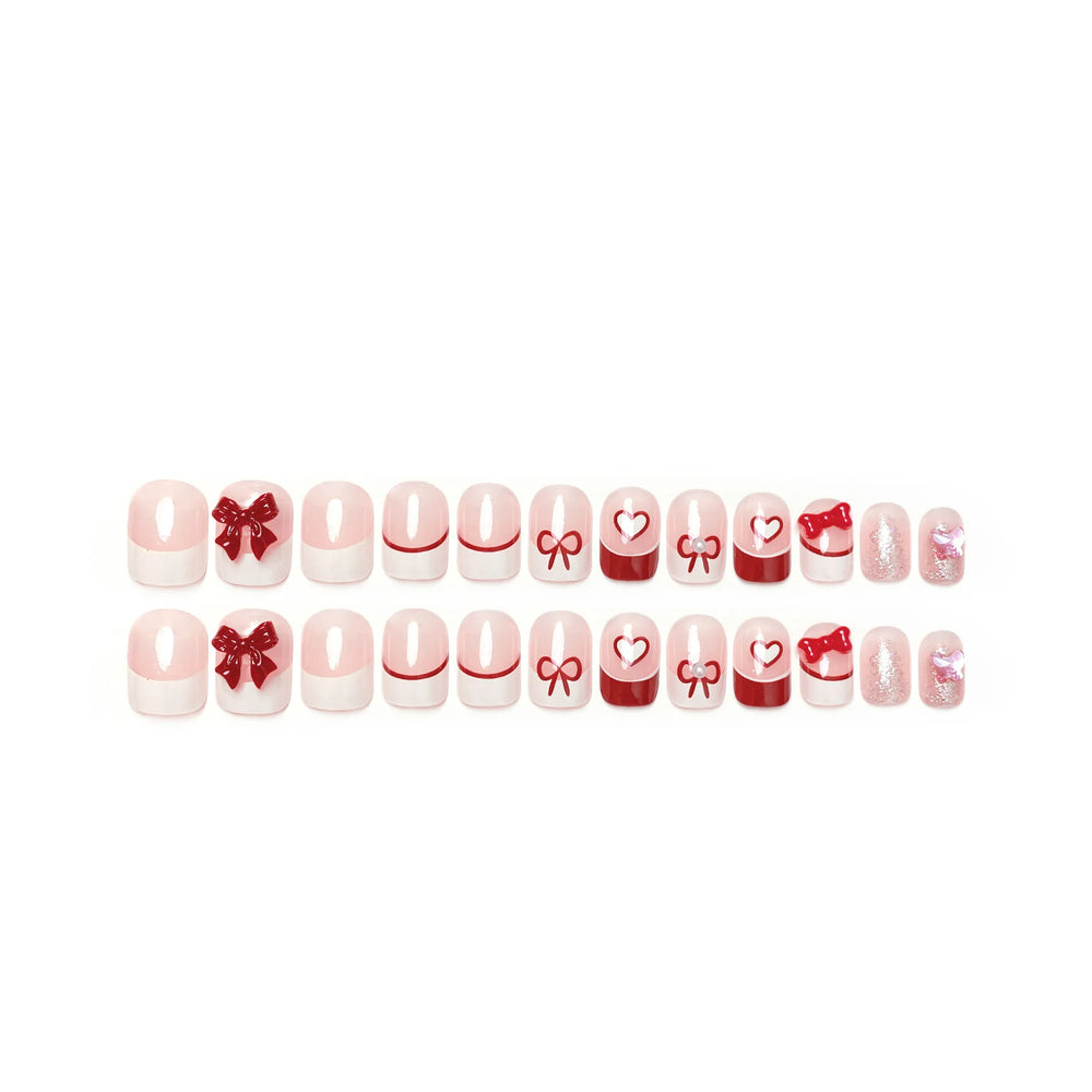 Bow & Heart Pattern Korean French Press-On Nails – Short Round, 24 Pcs