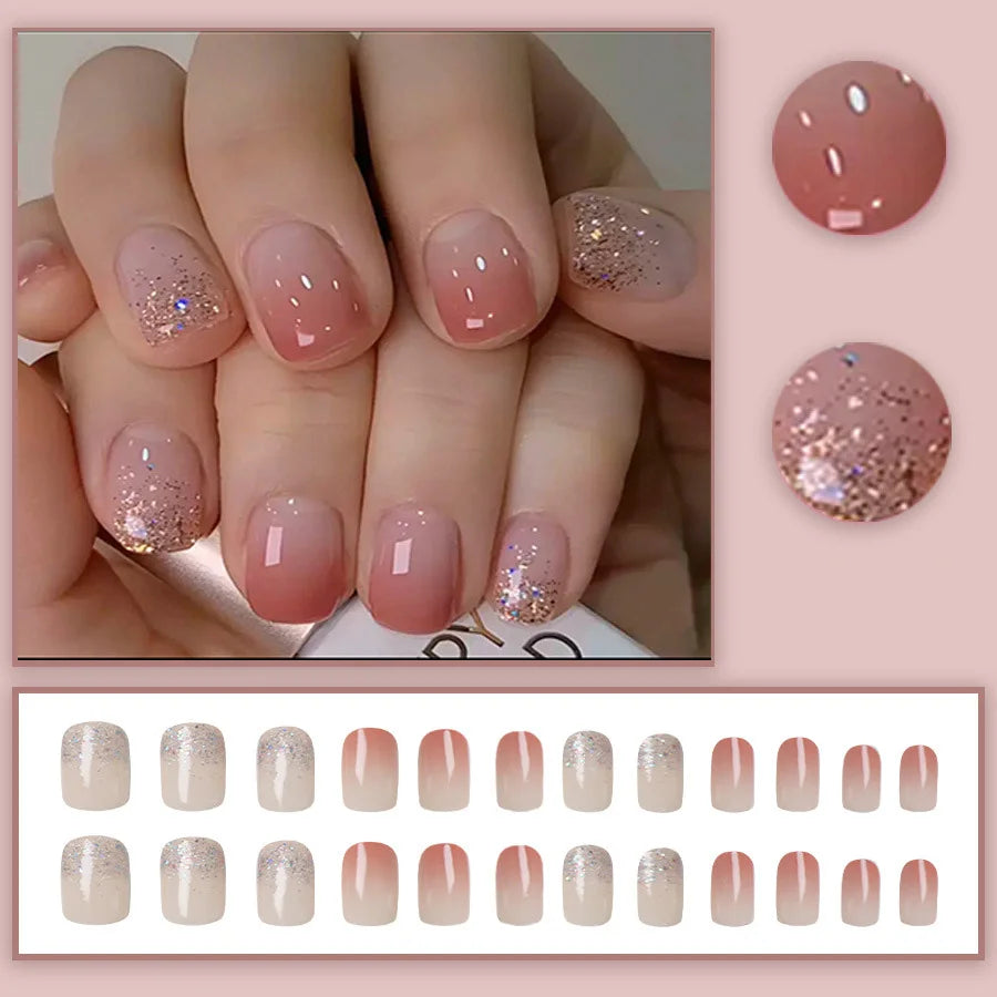 Short square fake nails for women girls gradient pink red white colors with sparkling gliters full cover press on fasle nail art