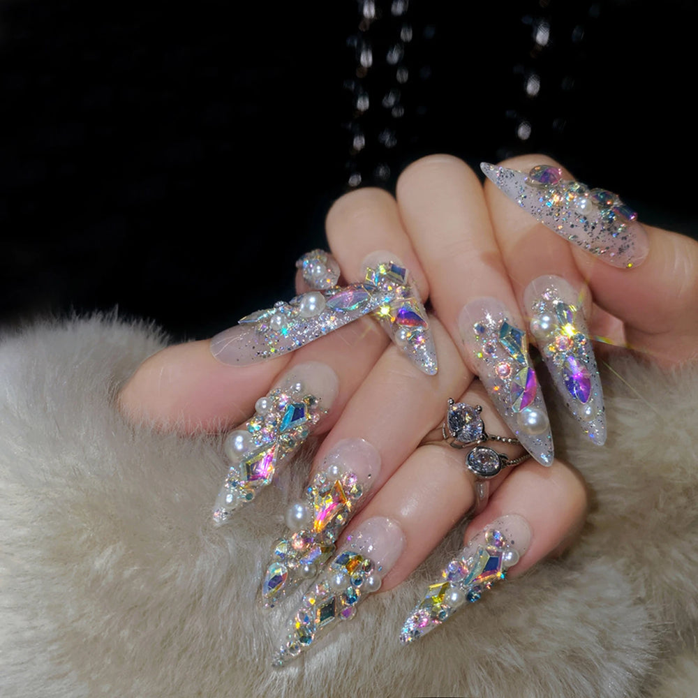Full Rhinestone Sparkle Press-On Nails – Long Coffin, 24 Pcs