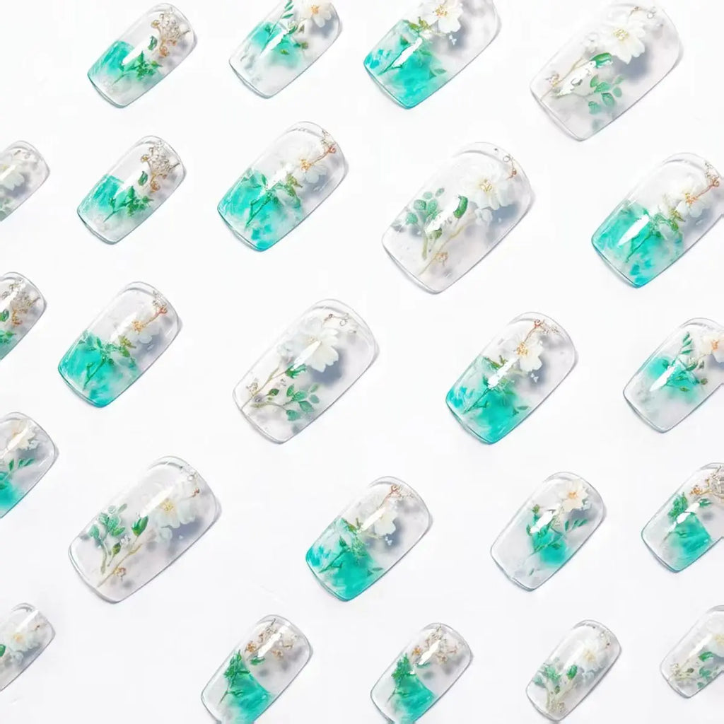 24pcs/set fake nails for women girls Half clear square nail tips gradient green white flowers full cover press on false nail