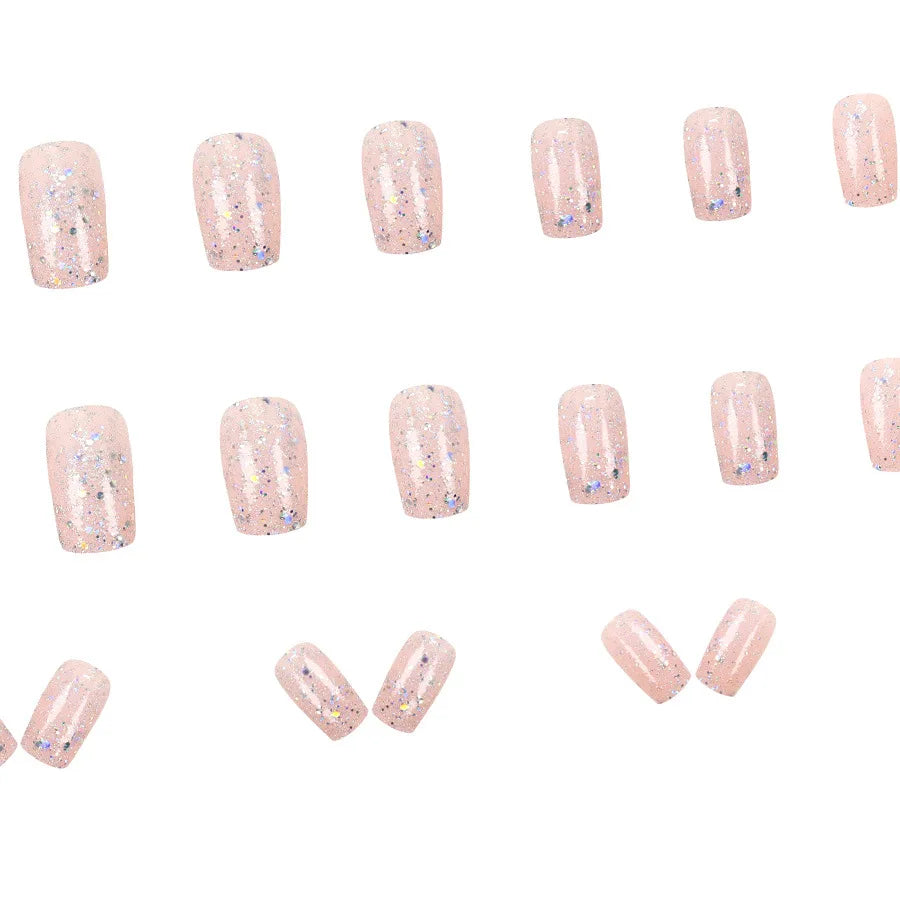 Green & Nude Glitter Press-On Nails – Medium Square Almond