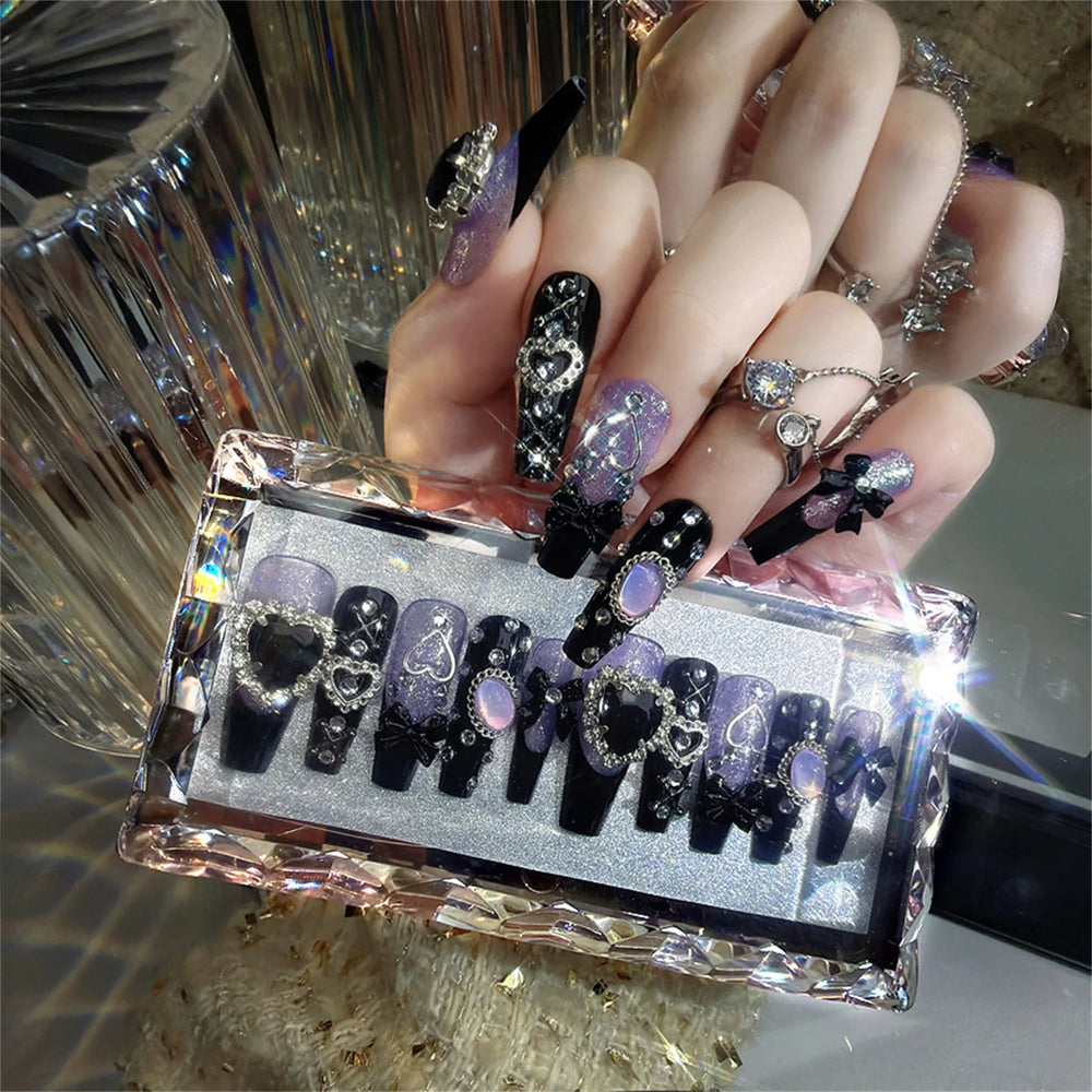Black French Purple Gem Luxury Press-On Nails – Long Coffin, 24 Pcs