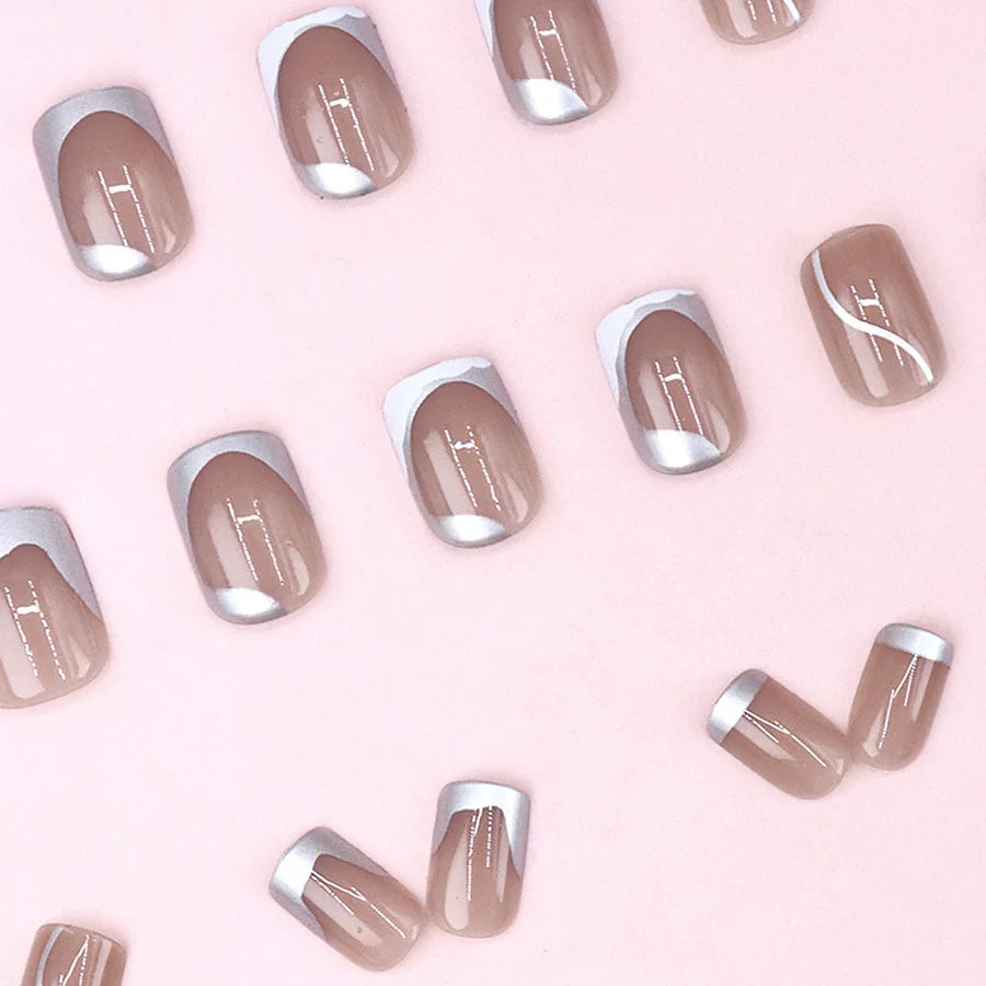 24pcs/set Nude fake nails with silver frame print french short square glossy nail tips full cover reusable press on false nail