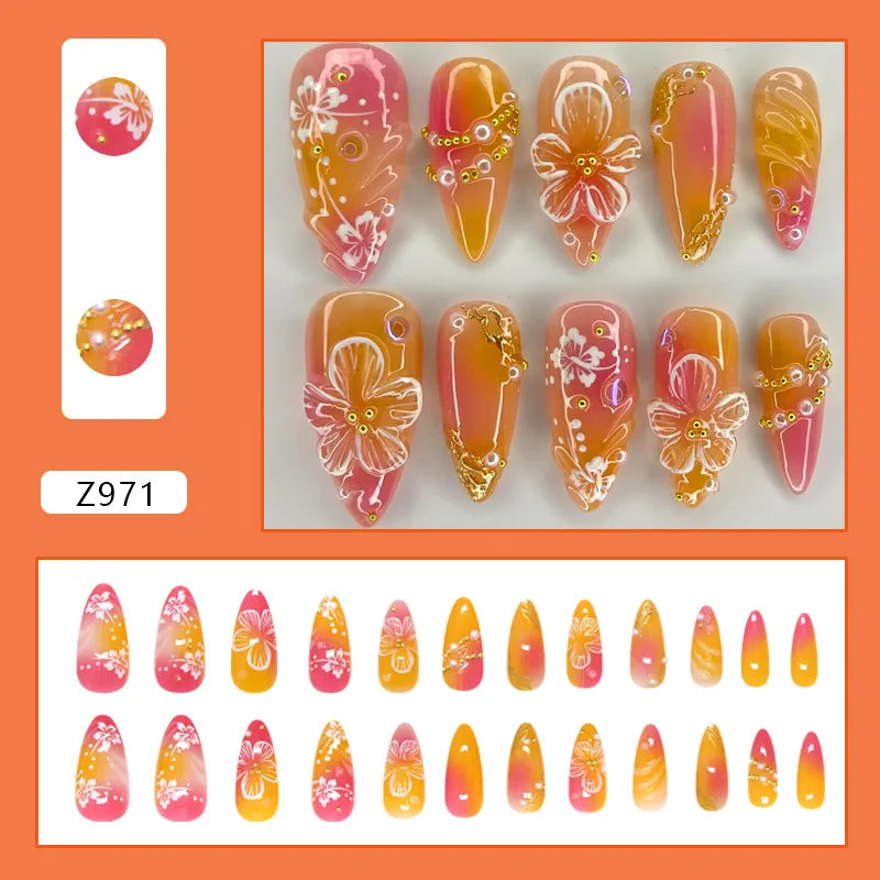Gold Pink 3D Flower & Pearl Press-On Nails – Almond, 24 Pcs