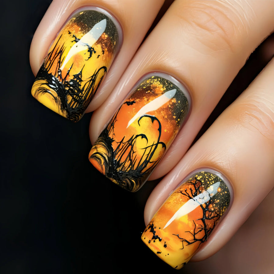 Yellow Green Mysterious Forest Halloween Press-On Nails – Medium Square