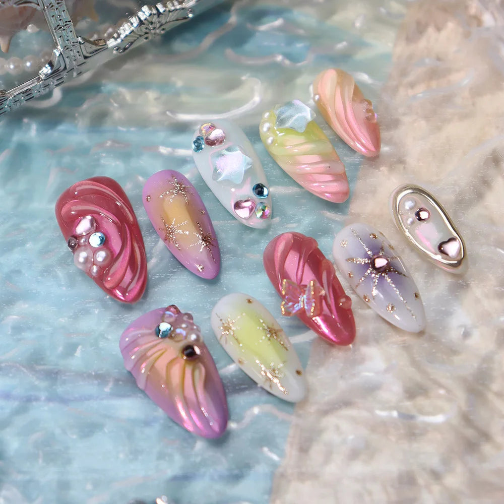 3D Colorful Summer Starfish Handmade Press-On Nails – Almond, 10 Pcs