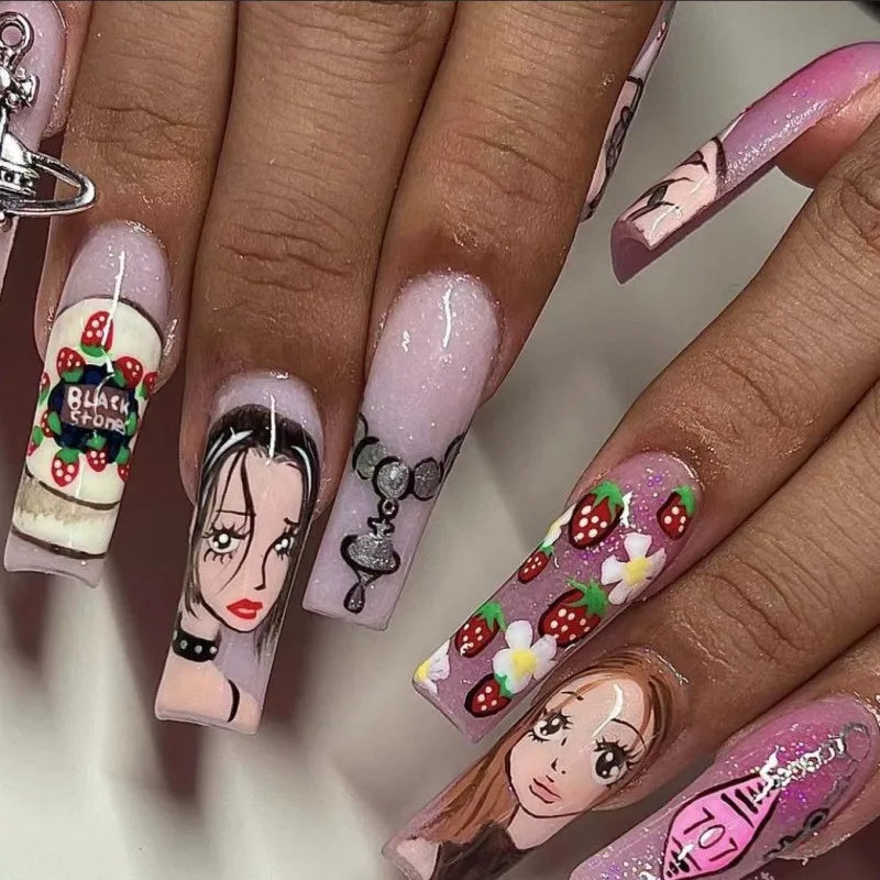 Medium long fake nails for women cartoon girls strawberry sunset y2K ballet shape full cover nail tips press on false nail art