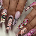 Medium long fake nails for women cartoon girls strawberry sunset y2K ballet shape full cover nail tips press on false nail art