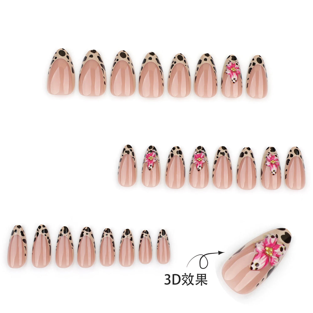 Leopard & Floral French Tip Press-On Nails – Almond, 24 Pcs
