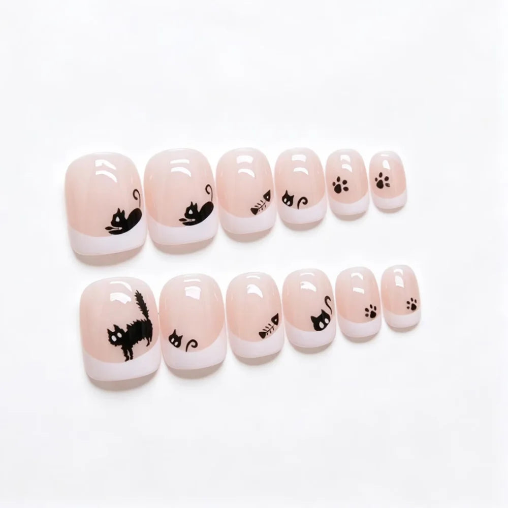 Short Square fake nails nude nail tips with french style white edge cartoon black cat print for halloween press on false nails