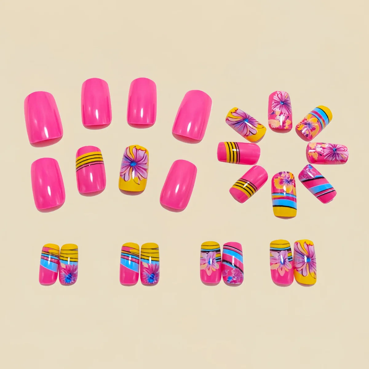 Medium long fake nails Spring summer flowers leaf tree gradient pink orange blue Y2K french nail tips press on false nail art
