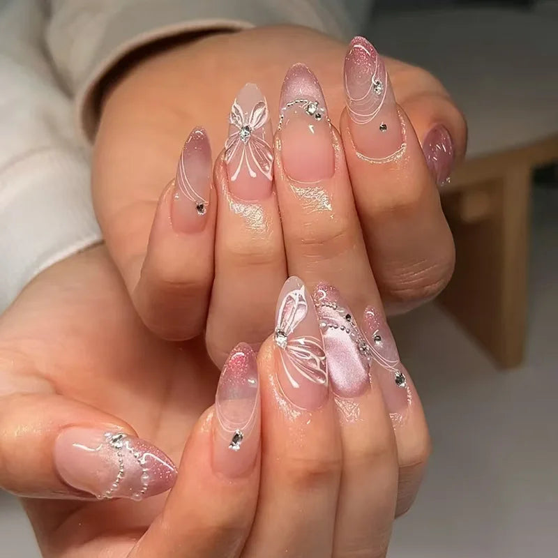 3D Shimmer Cat Eye Flower Rhinestone Almond Press-On Nails