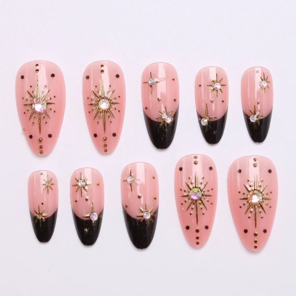 Gold & Silver Star Glitter Press-On Nails – Nude Purple Black, Almond Square