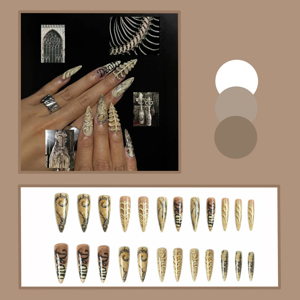 Skeleton Bone Texture Halloween Press-On Nails – Long Stiletto, 24 Pcs