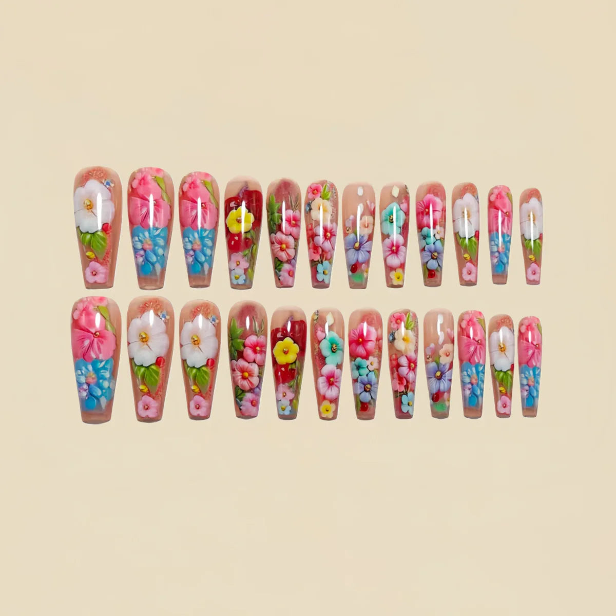 Short Medium long fake nails for women girls colorful flowers feather design Ballet square nail tips press on false nail art set