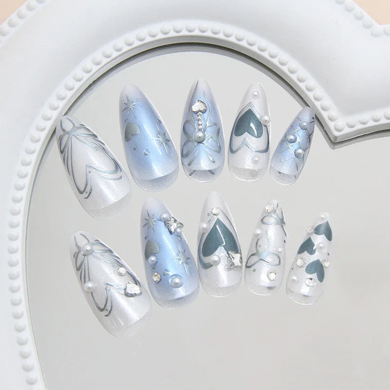 Dream Blue Y2K Chrome Heart & Butterfly Press-On Nails – Almond, 24 Pcs