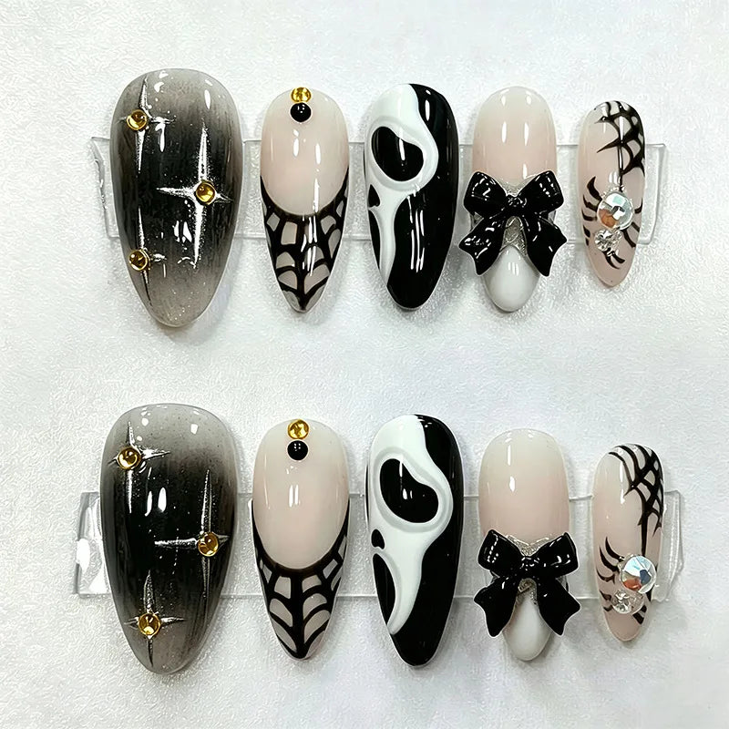 Black Ombre Horror Ghost & Spider Web Press-On Nails – Almond, 30 Pcs