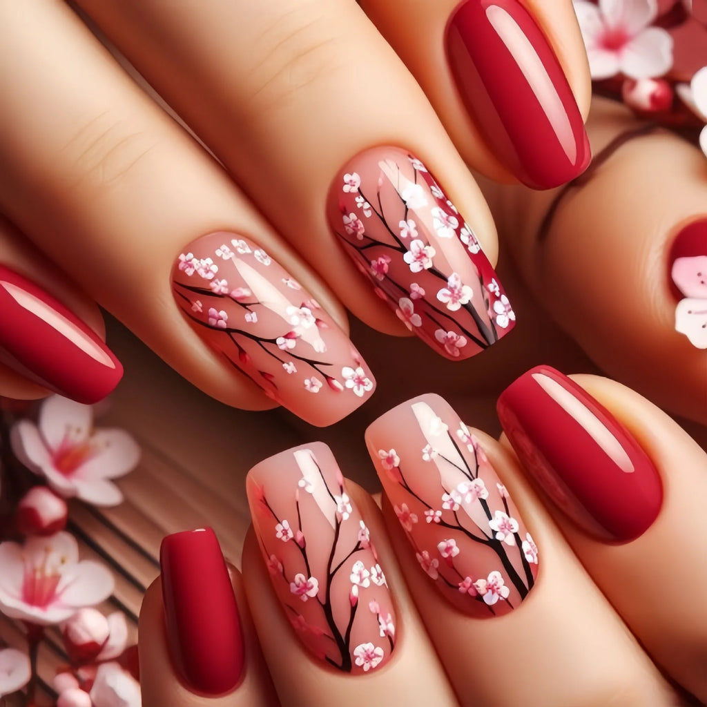 Short Medium fake nails for women girls pink red peach flowers for spring summer full cover square tips press on false nail art