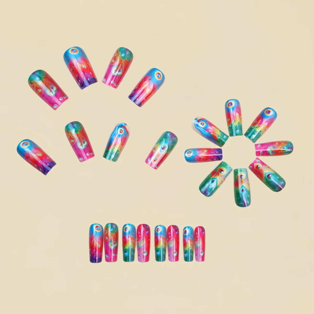 Medium fake nails for women gradient Blue purple orange Peacock Feathers Striped Clouds design Square almond tips press on nails