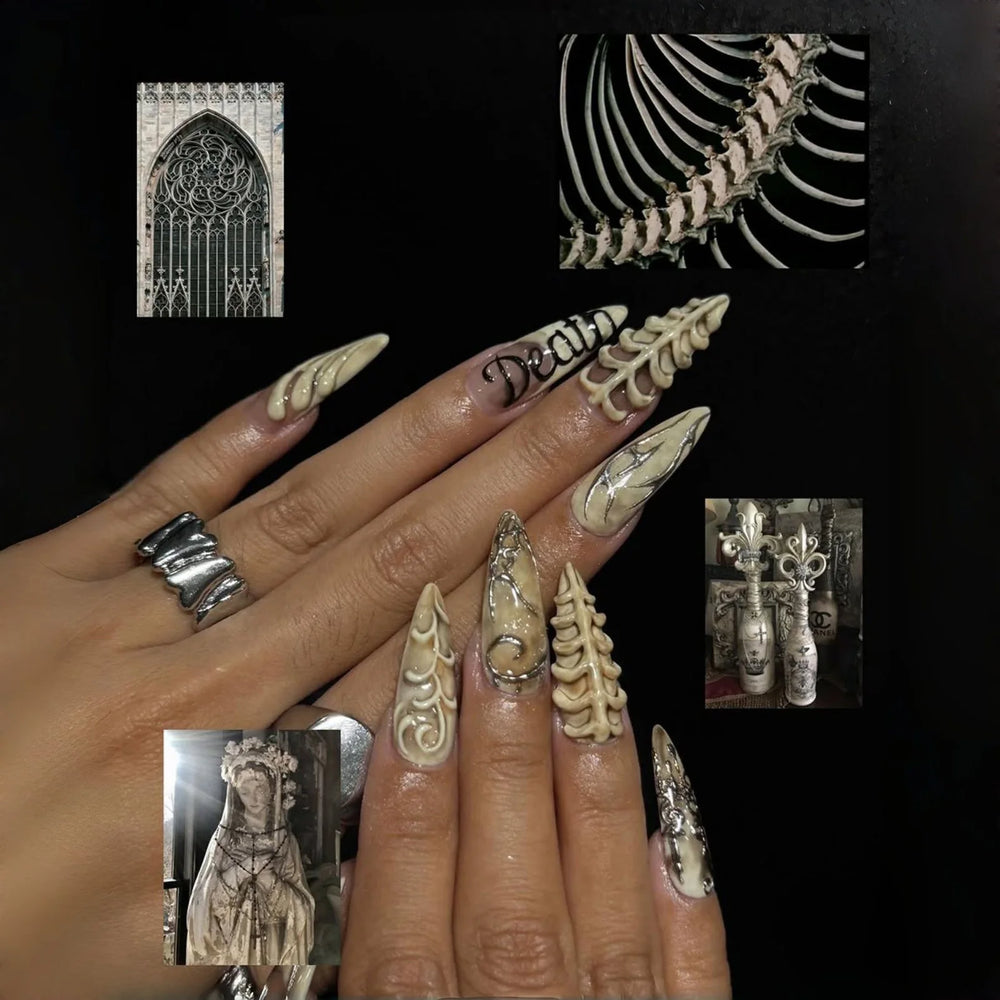 Skeleton Bone Texture Halloween Press-On Nails – Long Stiletto, 24 Pcs