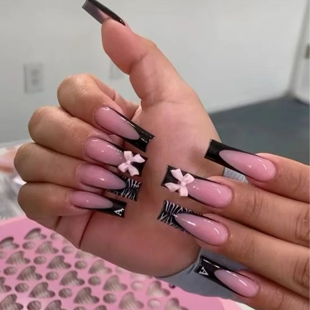Nude Pink 3D Bow French Press-On Nails – Long Square, 24 Pcs