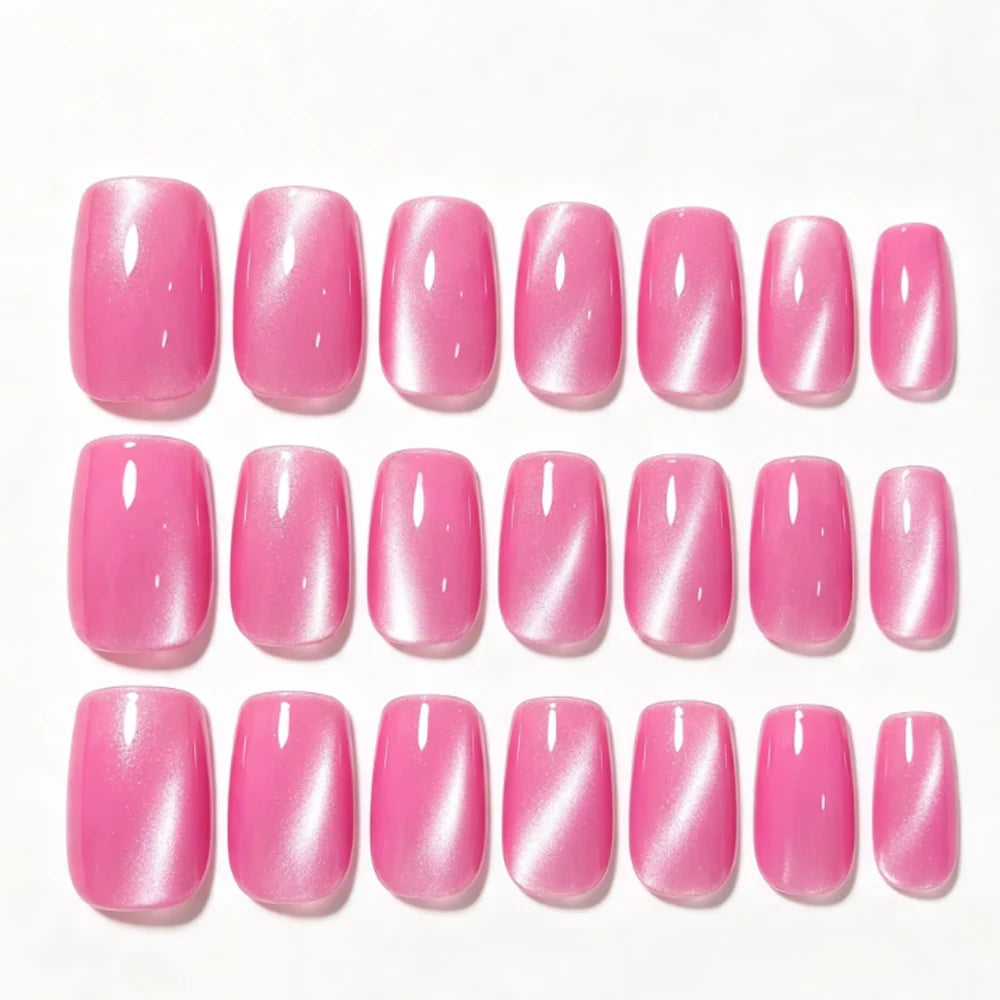 24pcs/set Medium fake nails for women Pink shimmer cat eyes glossy square nail tips full cover reusable press on false nail art