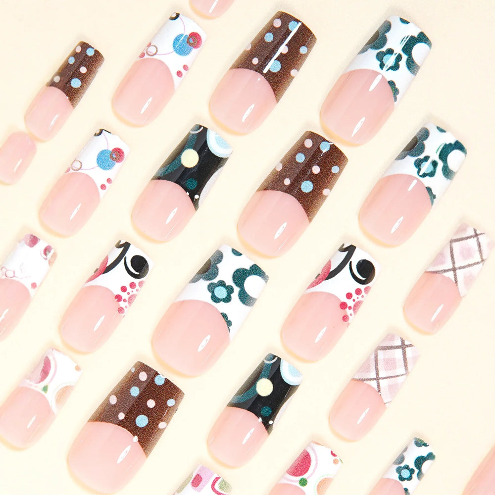 Polka Dot Flower French Press-On Nails – Medium Coffin, 24 Pcs