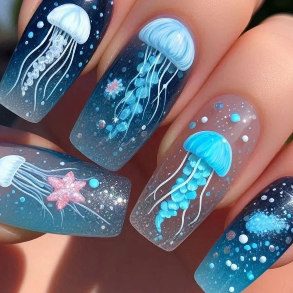 Blue Ocean Jellyfish & Fish Summer Press-On Nails – Medium Long Square, 24 Pcs