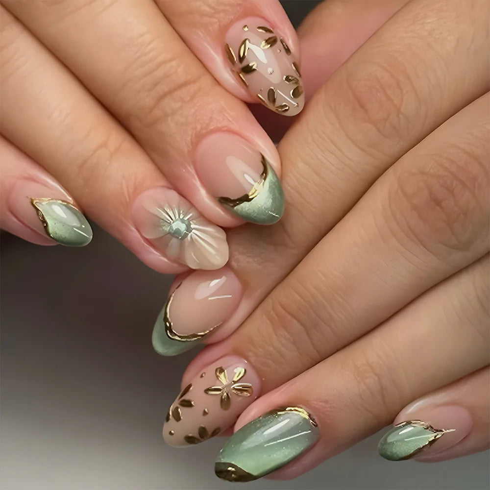 Short Medium fake nails for women Nude golden green shimmer nail tips oval almond shape flora design full cover press on nails