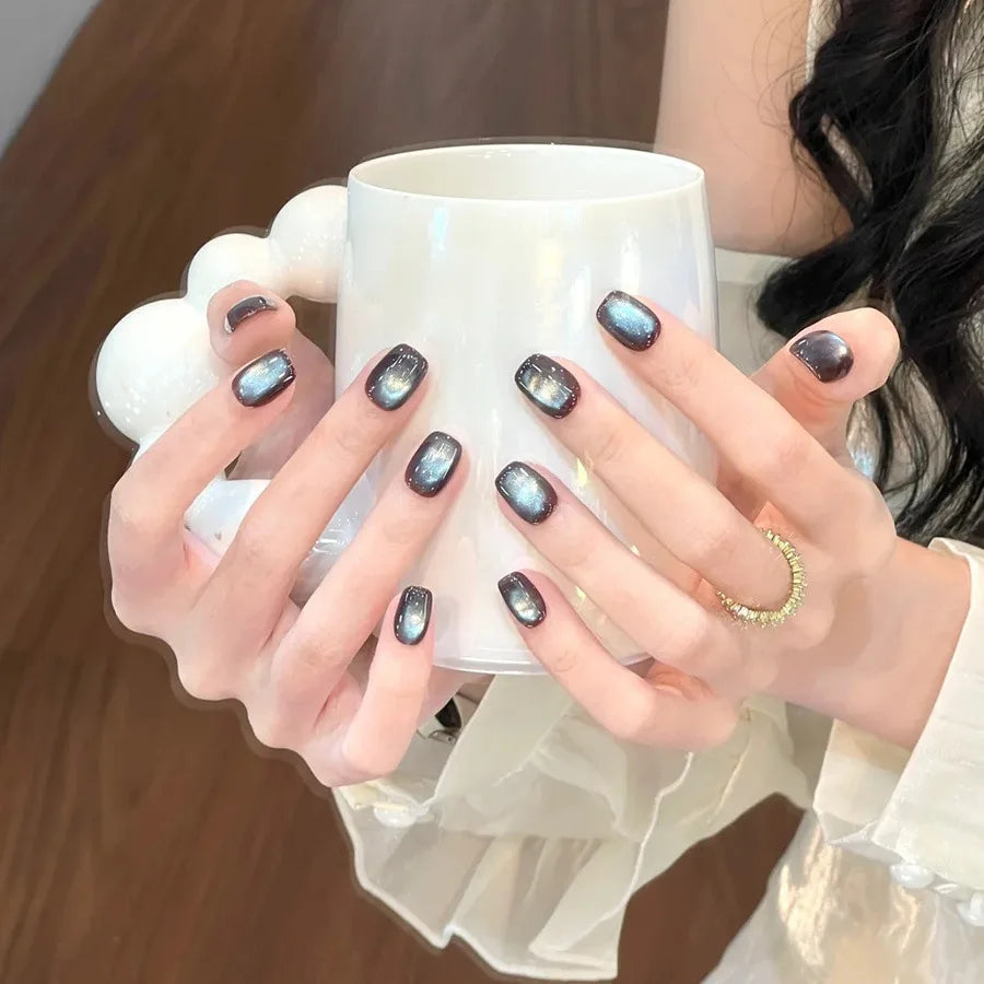 24pcs/30pcs/set short medium fake nails cat's eye flash square nail tips gradient Pink yellow blue purple press on false nails