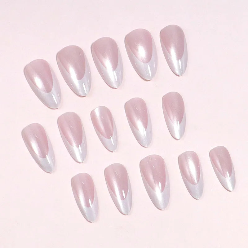 Short Medium fake nails for women glossy sparkling cat eyes french style white edge almond square shape press on false nail set