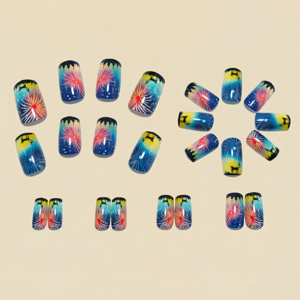 Pink Purple Blue Firework New Year French Press-On Nails – Medium Square