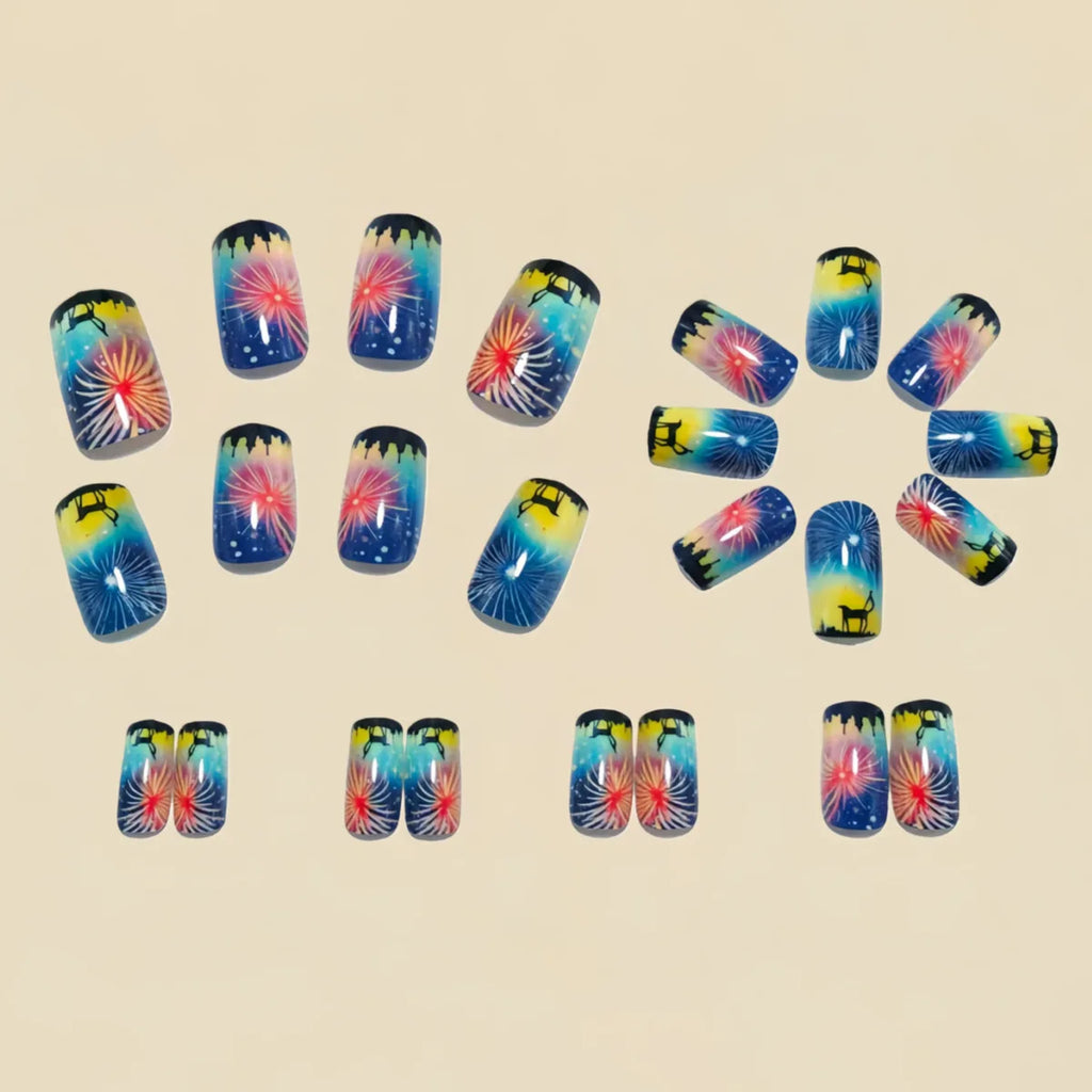 Medium Square fake nails for women girls gradient pink purple blue firework design for New year french tips press on false nail