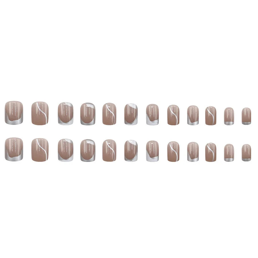 24pcs/set Nude fake nails with silver frame print french short square glossy nail tips full cover reusable press on false nail