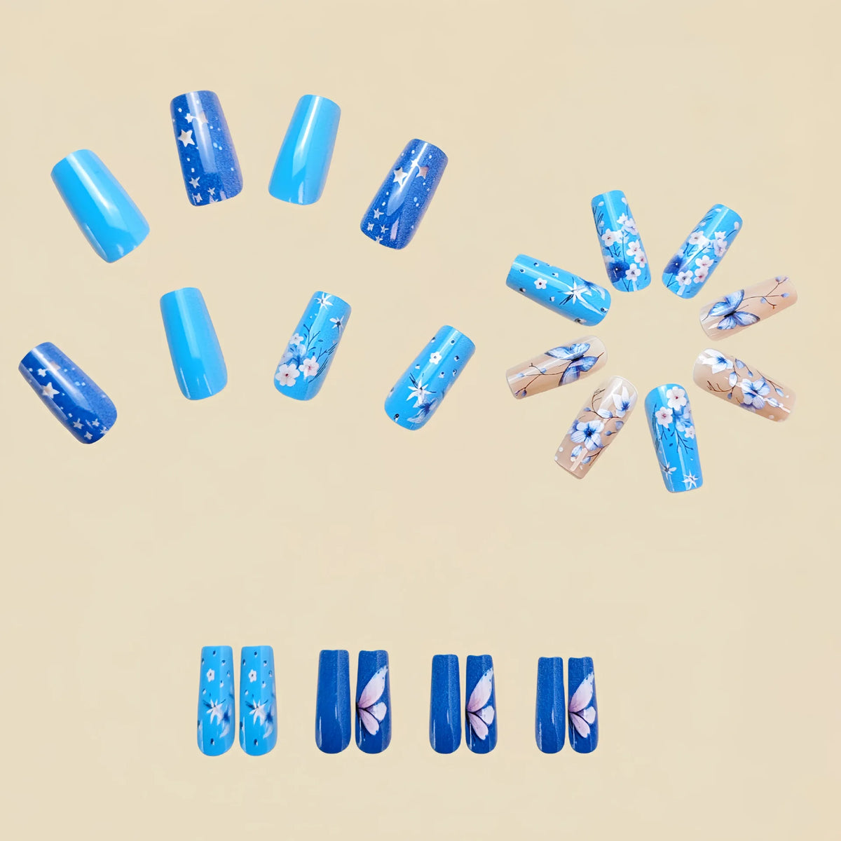 Medium fake nails for women Nude blue colors with flowers butterfly printing Square nail tips full cover press on false nail art