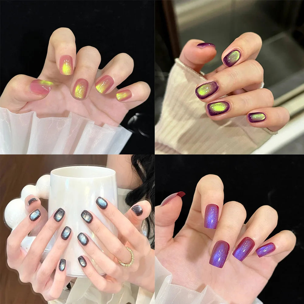 24pcs/30pcs/set short medium fake nails cat's eye flash square nail tips gradient Pink yellow blue purple press on false nails
