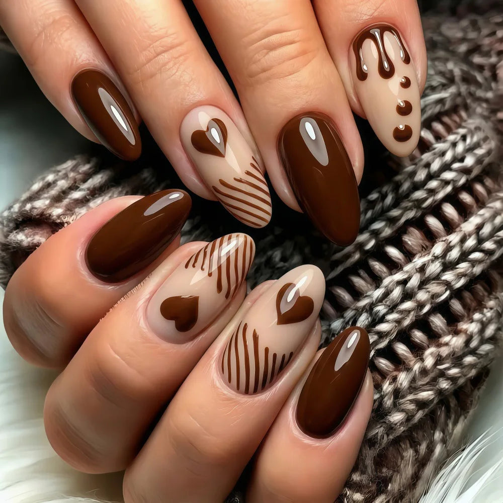 24pcs/set Fake Nails for Women Girls Chocolate Red Heart Design for Valentine's Day Almond Nail Tips Press On False Nail Art Set