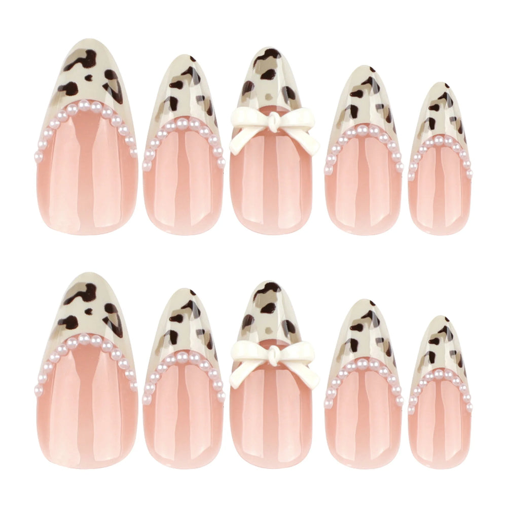 Light Coffee French Leopard & Bow Press-On Nails – Almond, 24 Pcs