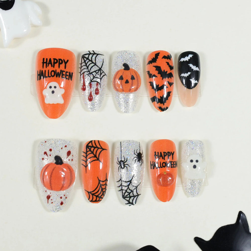 Cute Ghost Pumpkin & Bat Halloween Press-On Nails – Almond, 30 Pcs