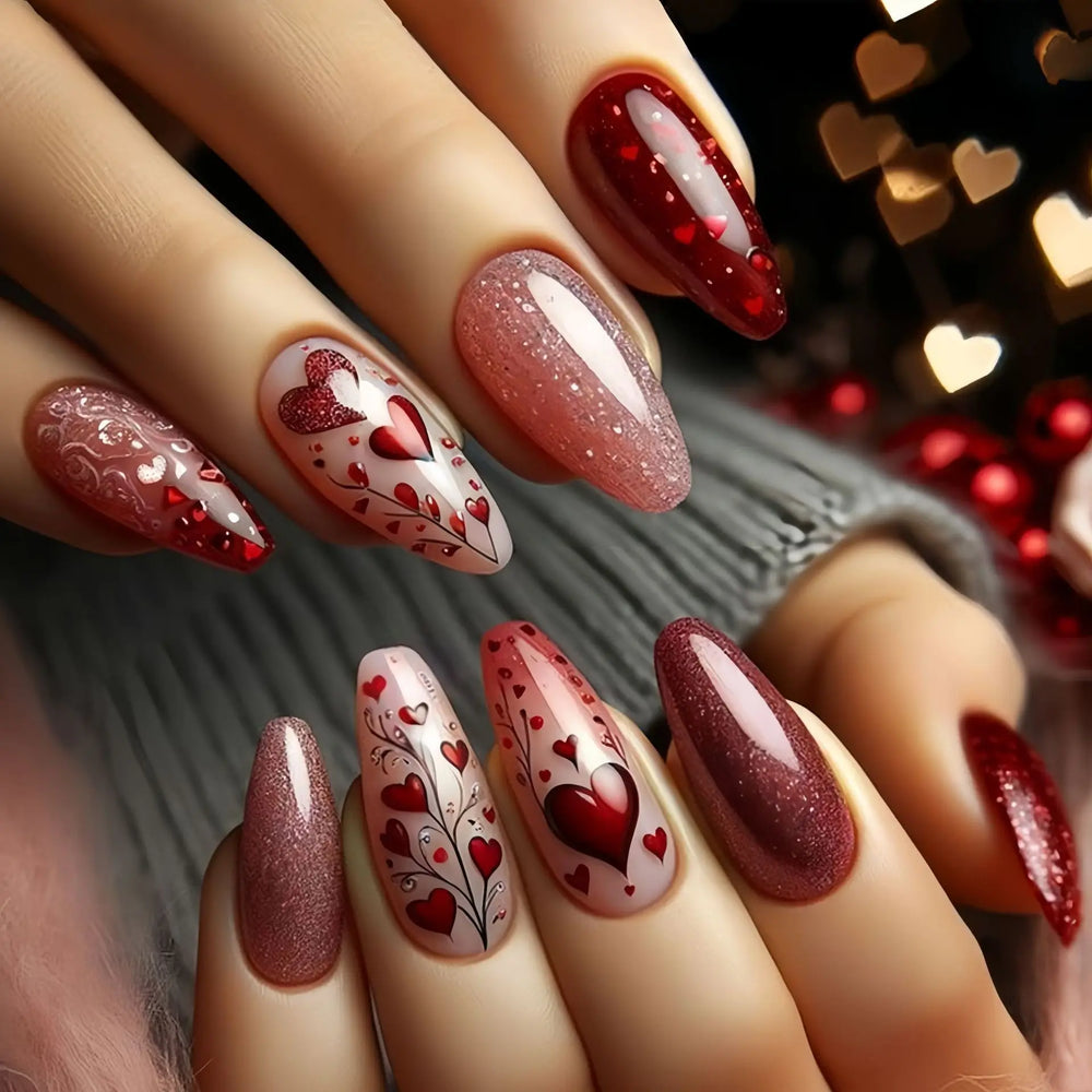Pink Red Gradient Cute Heart Valentine's Press-On Nails – Medium Long Square Almond, 24 Pcs