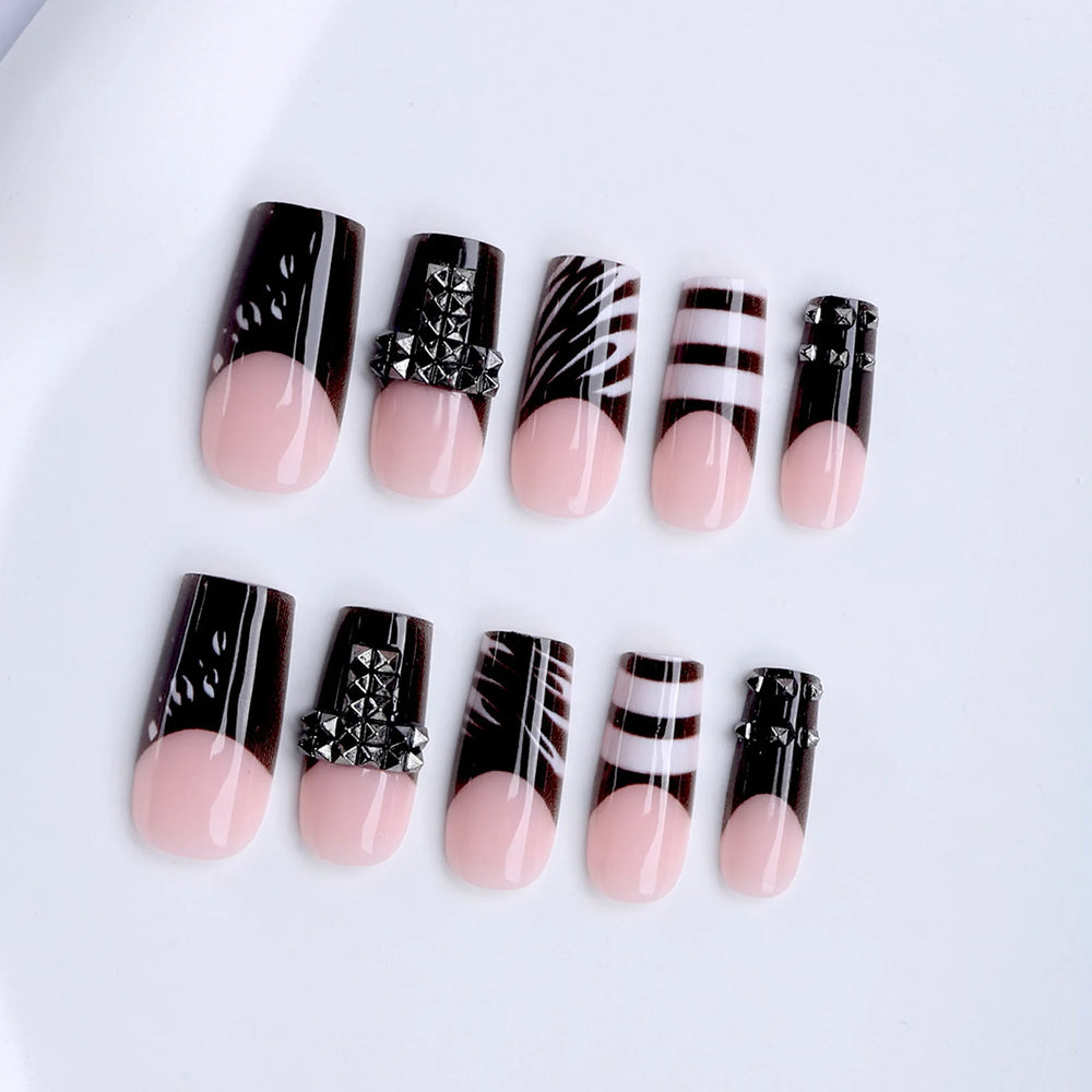 Dark Black French Metal Bow Press-On Nails – Almond, 24 Pcs