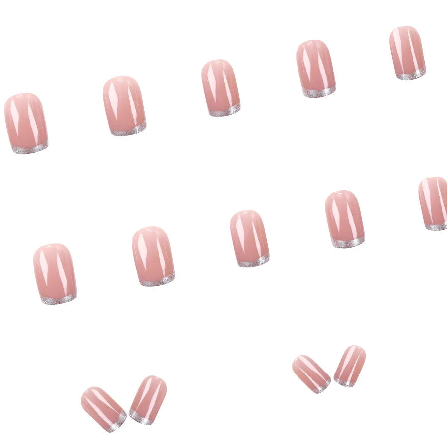 Short Medium fake nails for women gilr nude nail tips with glitters edge frame full cover reusable press on Artificial Nails set