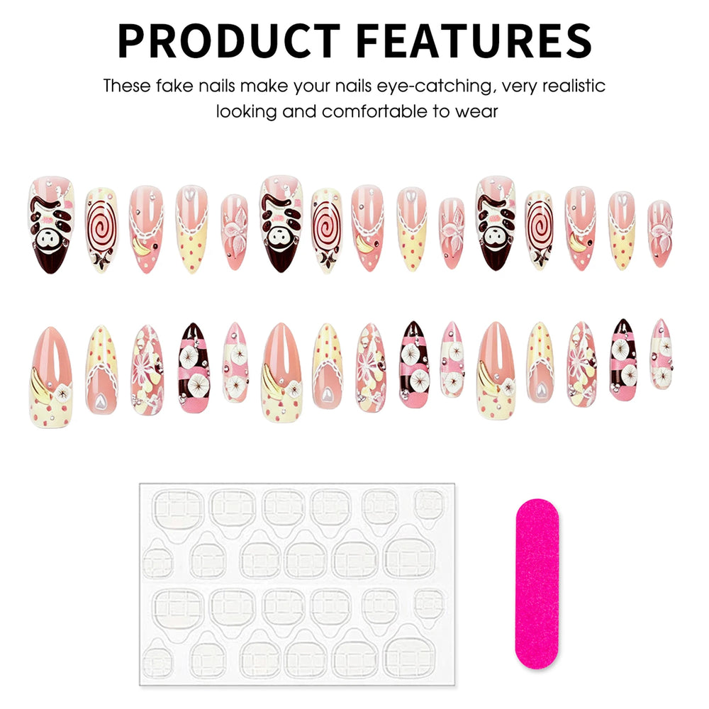 Japanese Cartoon Monkey & Flower Press-On Nails – Ballet, 30 Pcs